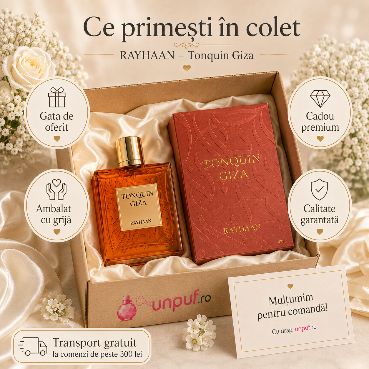 Ce primești &icirc;n colet Rayhaan Tonquin Giza, parfum Arăbesc unisex 100 ml, ambalat cu grijă, cadou premium
